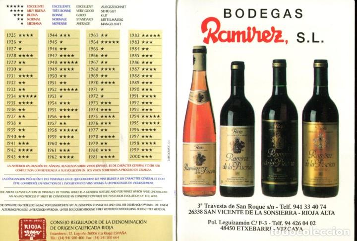 Otros art&iacute;culos de coleccionismo en papel: TARJETA PUBLICIDAD BODEGAS RAMIREZ con clasificaci&oacute;n a&ntilde;adas rioja al dorso