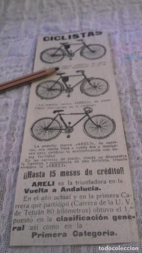 Otros Art&iacute;culos de Coleccionismo en Papel: RECORTE PUBLICIDAD A&Ntilde;O 1925.BICICLETAS PARA CICLISTAS - ARELI -TRIUNFADORA EN LA VUELTA DE ANDALUCIA