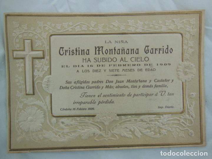 Altri oggetti di carta: Antigua Esquela : CRISTINA MONTA&Ntilde;ANA GARRIDO. 1909. C&oacute;rdoba. Huecograbado.