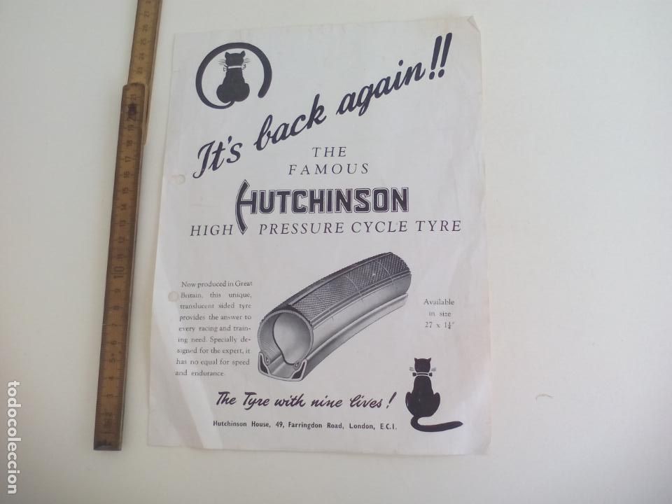 Otros art&iacute;culos de coleccionismo en papel: HUTCHINSON HIGH PRESSURE CYCLE TYRE. ANTIGUA HOJA DE REVISTA PUBLICIDAD DE NEUMATICOS DE BICICLETA.