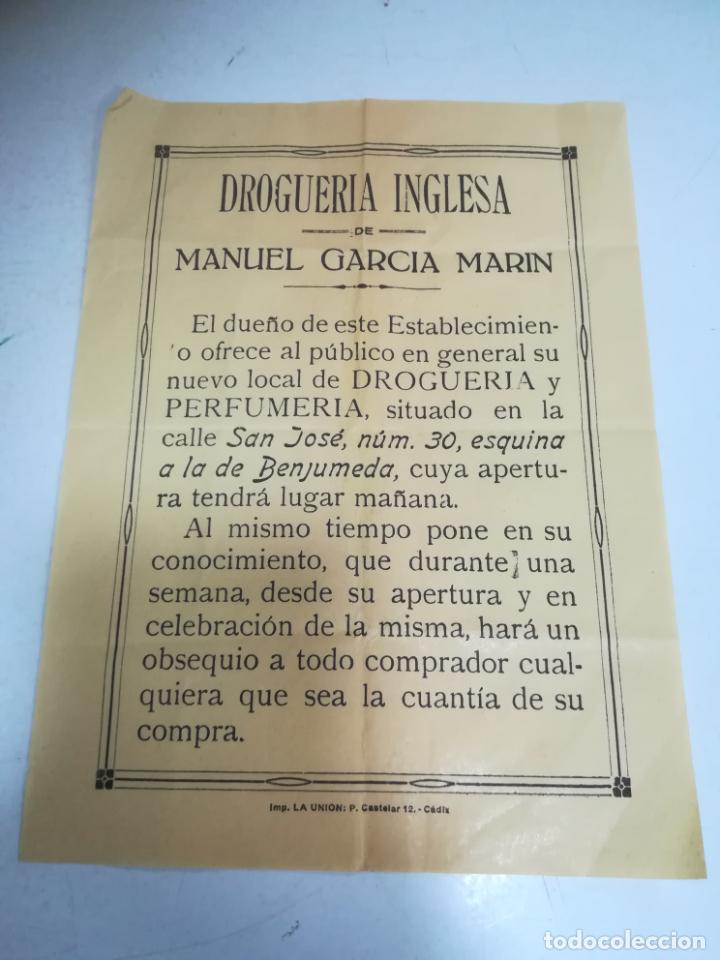 Sammelleidenschaft Andere Papierartikel: PUBLICIDAD. DROGUERIA INGLESIA DE MANUEL GARCIA MARIN. CADIZ. CALLE SAN JOSE. 16 X 21CM