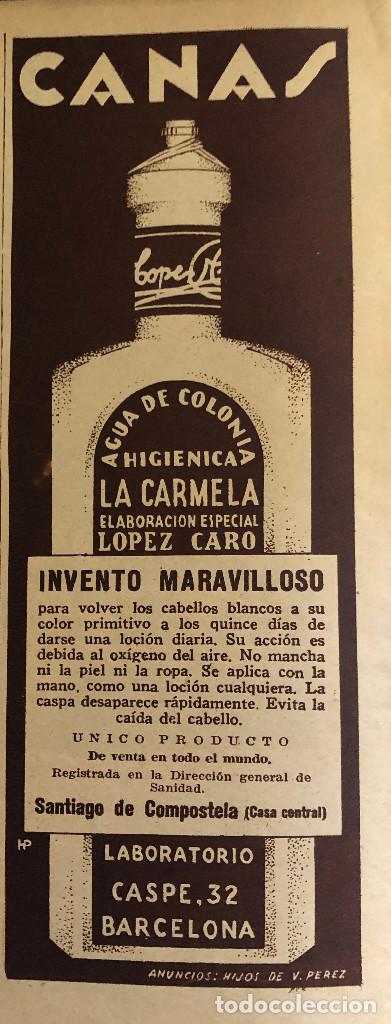 Otros Art&iacute;culos de Coleccionismo en Papel: Publicidad en prensa de colonia milagrosa La Carmela. Original a&ntilde;o 1935. 9 x 24 cm. Buen estado.