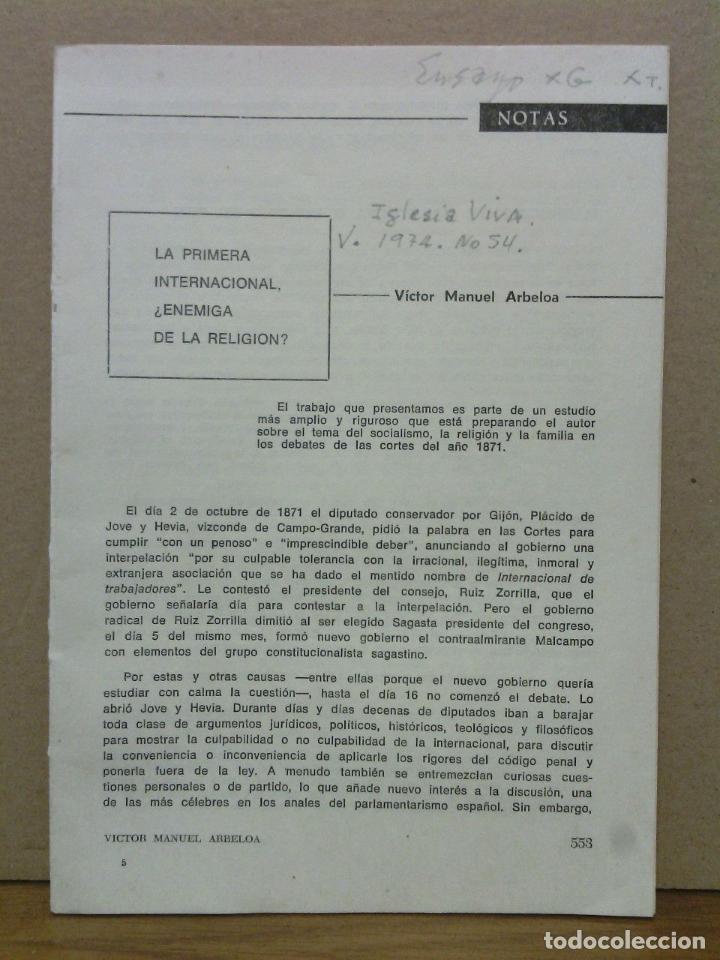 Otros Art&iacute;culos de Coleccionismo en Papel: ARBELOA, Victor Manuel - La Primera Internacional, &iquest;enemiga de la religi&oacute;n?
