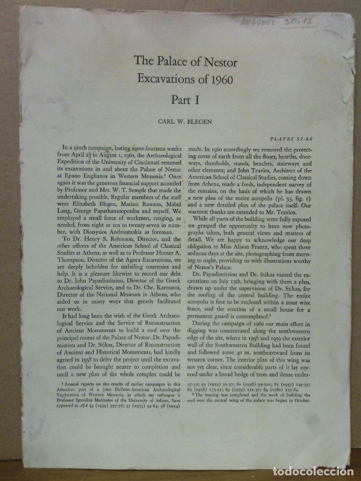 Otros Art&iacute;culos de Coleccionismo en Papel: BLEGEN, Carl W. - The Palace of Nestor Excavations of 1960. (Part I.). (Plates 53 - 60)