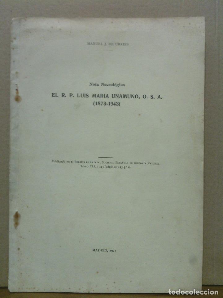 Otros Art&iacute;culos de Coleccionismo en Papel: J. [JORDAN] DE URRIES [Y AZARA], Manuel - Nota Necrol&oacute;gica : El R. P. Luis Maria Unamuno, O. S. A. (