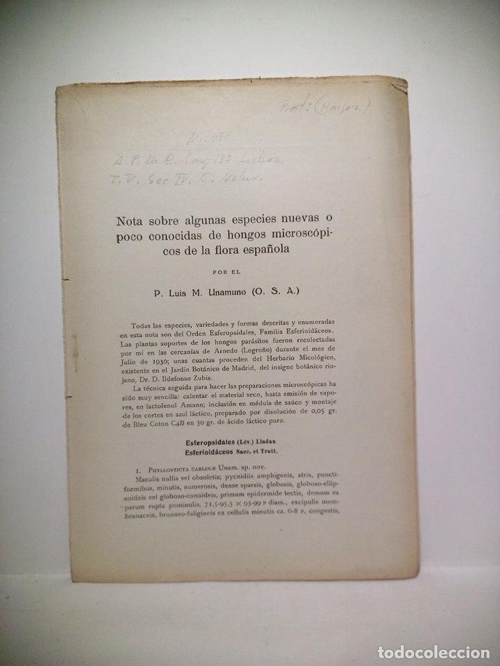 Otros Art&iacute;culos de Coleccionismo en Papel: UNAMUNO, P. Luis - Nota sobre algunas especies nuevas o poco conocidas de hongos microsc&oacute;picos de la