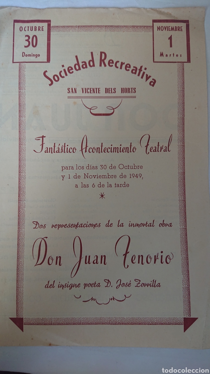 Otros Art&iacute;culos de Coleccionismo en Papel: PROGRAMA FANTASTICO ACONTECIMIENTO TEATRAL DON JUAN TENORIO SAN VICENTE DELS HORTS 1949