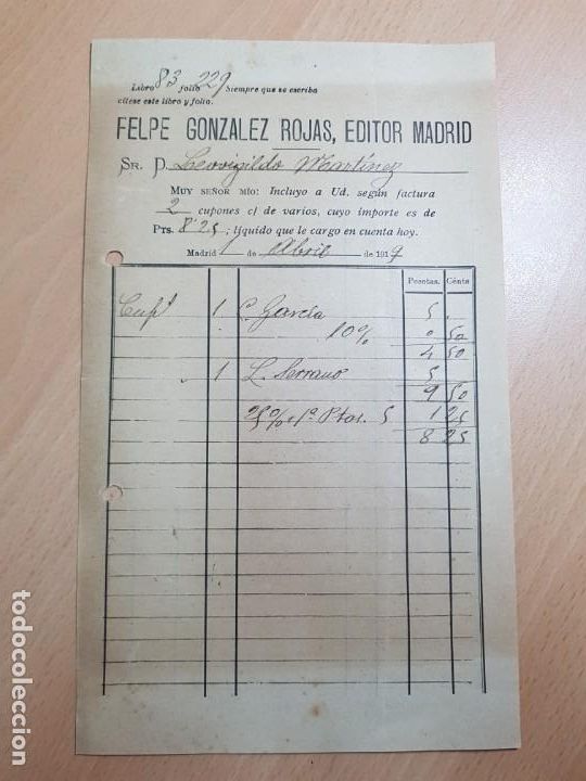 Otros Art&iacute;culos de Coleccionismo en Papel: NOTA GONZALEZ ROJAS EDITOR MADRID 1919
