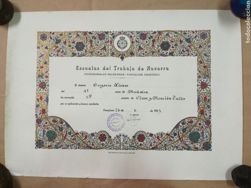 Otros Art&iacute;culos de Coleccionismo en Papel: Diploma escuelas del trabajo de. Navarra 1953