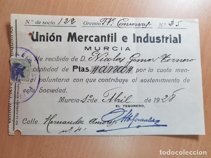 Outros artigos de papel: ANTIGUO RECIBO UNION MERCANTIL E INDUSTRIAL MURCIA 1928