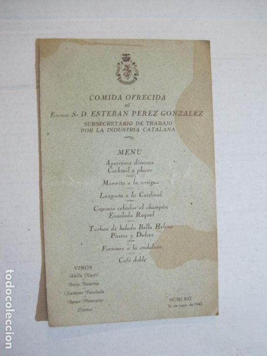 Otros art&iacute;culos de coleccionismo en papel: BARCELONA-HOTEL RITZ-MENU ANTIGUO-MAYO 1942-VER FOTOS-(K-438)