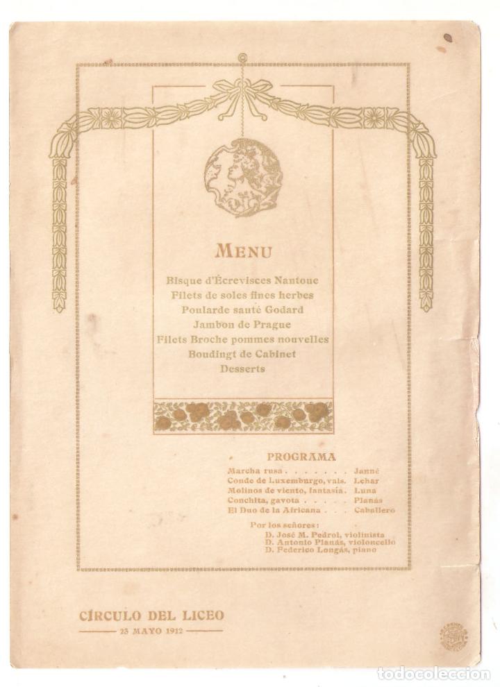 Otros art&iacute;culos de coleccionismo en papel: Menu,Circulo del Liceo. Barcelona 1912. Men&uacute; y programa del concierto.Imp.Tobella. . .- Vell i Bell.