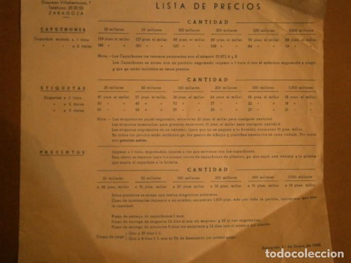 Collectionnisme Papier divers: LISTA DE PRECIOS, CAPUCHONES, ETIQUETAS, PRECINTOS. (ZARAGOZA)