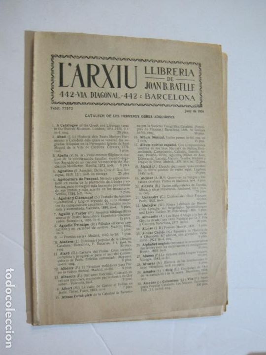 Collectionnisme Papier divers: BARCELONA-L'ARXIU-LLIBRERIA DE JOAN B.BATLLE-ANY 1934-CATALEG PUBLICITAT-VER FOTOS-(K-941)
