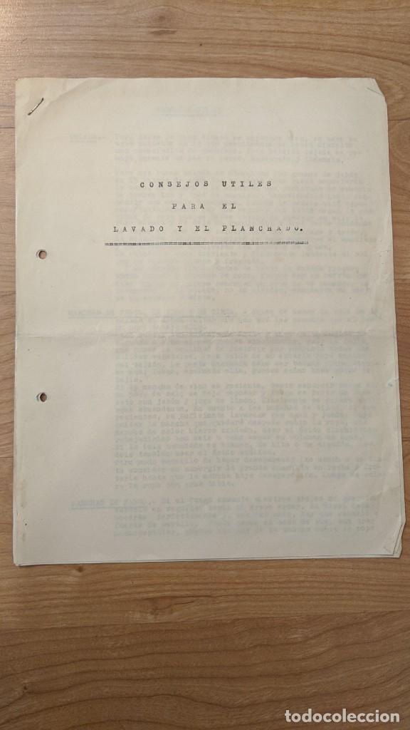 Paper Collecting Others: ANTIGUO DOCUMENTO MECANOGRAFIADO &laquo;CONSEJOS &Uacute;TILES PARA EL LAVADO Y EL PLANCHADO&raquo; (4 HOJAS)