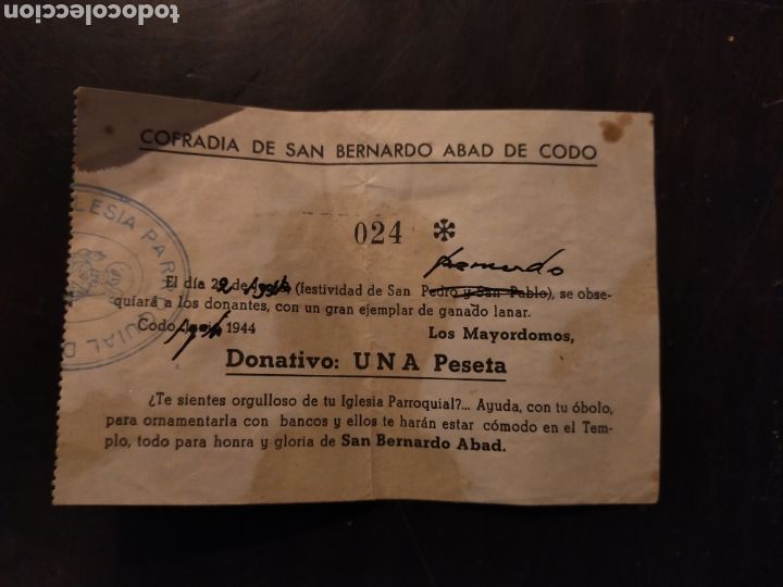 Otros Art&iacute;culos de Coleccionismo en Papel: Vale sorteo cofrad&iacute;a San Bernardo codo zaragoza