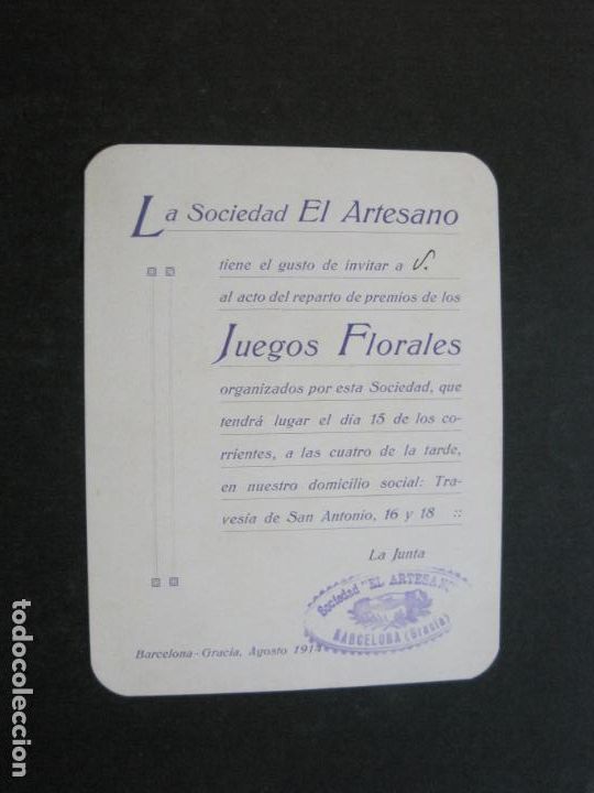 Altri oggetti di carta: BARCELONA-GRACIA-SOCIEDAD EL ARTESANO-JUEGOS FLORALES-INVITACION-AGOSTO 1914-VER FOTOS-(75.701)