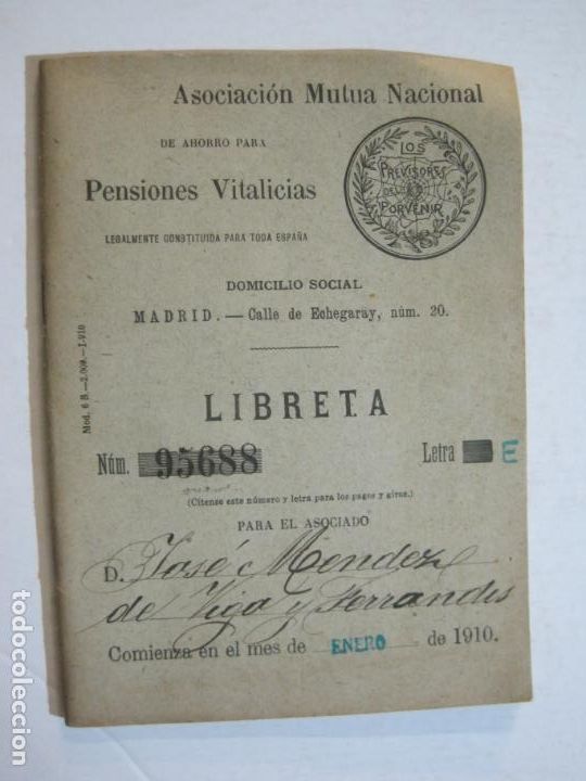 Otros art&iacute;culos de coleccionismo en papel: ASOCIACION MUTUA NACIONAL-PENSIONES VITALICIAS-LIBRETA-A&Ntilde;O 1910-VER FOTOS-(K-1052)