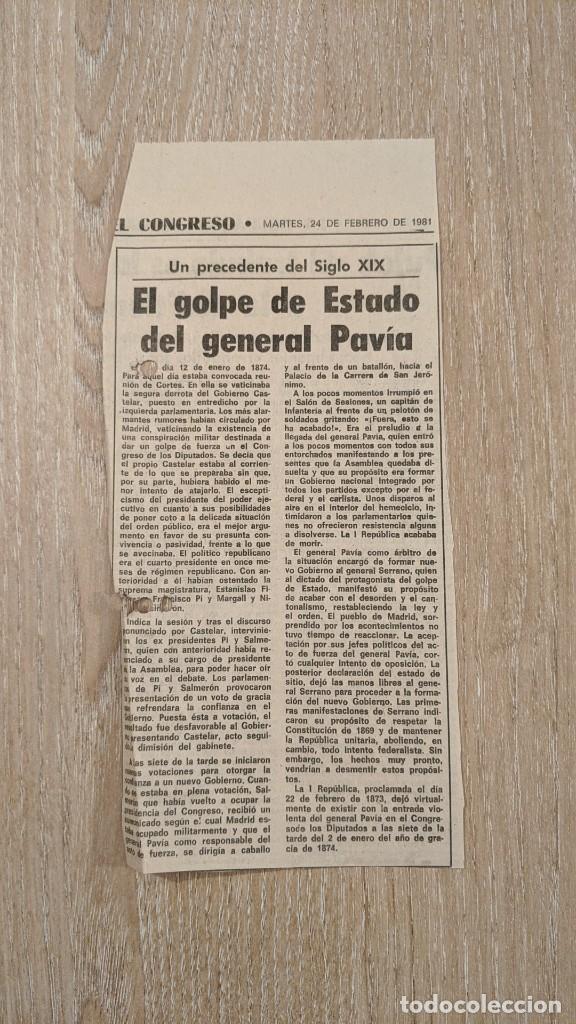 Sammelleidenschaft Andere Papierartikel: ANTIGUO RECORTE DE PRENSA &laquo;EL GOLPE DE ESTADO DEL GENERAL PAV&Iacute;A&raquo;