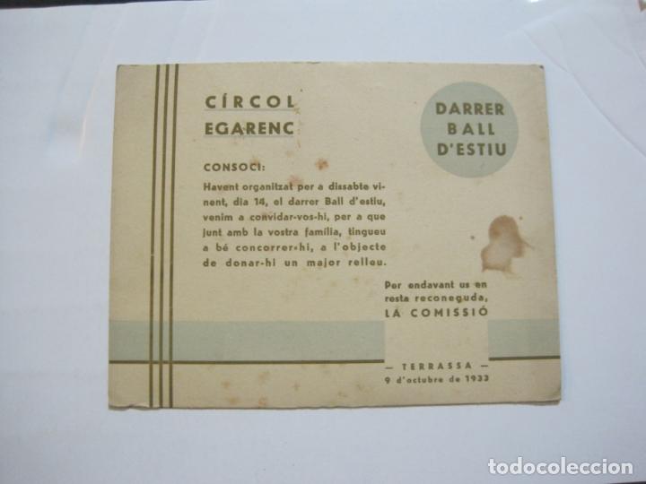 Otros art&iacute;culos de coleccionismo en papel: TERRASSA-CIRCOL EGARENC-DARRER BALL D'ESTIU-INVITACIO-OCTUBRE 1933-VER FOTOS-(K-1117)