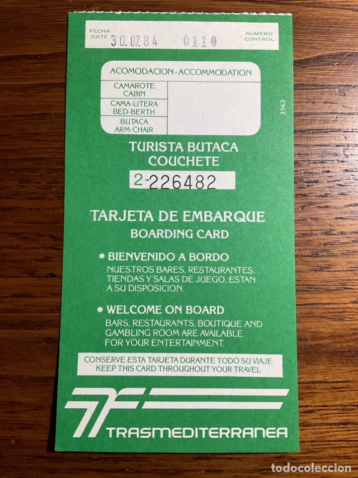 Otros art&iacute;culos de coleccionismo en papel: TARJETA DE EMBARQUE TURISTA BUTACA TRASMEDITERRANEA 1984