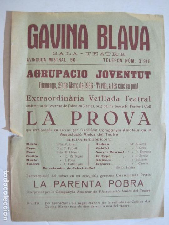 Outros artigos de papel: GAVINA BLAVA SALA TEATRE-AGRUPACIO JOVENTUT-PROGRAMA DE TEATRE-29 MAR&Ccedil; 1936-VER FOTOS-(K-1192)