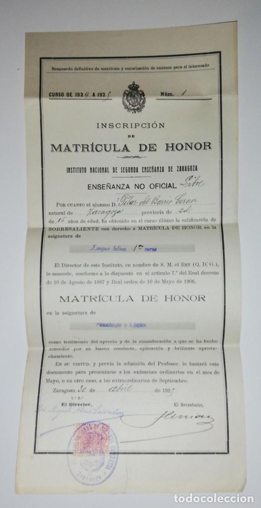 Sammelleidenschaft Andere Papierartikel: Antiguo T&iacute;tulo de Matr&iacute;cula de Honor del Instituto Nacional de Segunda Ense&ntilde;anza de Zaragoza 1924