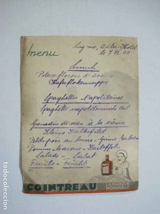 Otros art&iacute;culos de coleccionismo en papel: PUBLICIDAD COINTREAU LIQUEUR-LA MARQUE MONDIALE-MENU ANTIGUO-VER FOTOS-(K-1426)