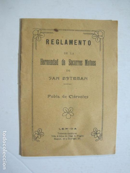 Otros art&iacute;culos de coleccionismo en papel: LLEIDA-REGLAMENTO HERMANDAD SOCORROS MUTUOS DE SAN ESTEBAN-POBLA DE CIERVOLES-VER FOTOS-(K-1449)