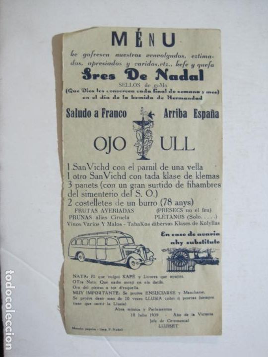 Outros artigos de papel: SE&Ntilde;ORES DE NADAL-SELLOS DE GOMA-MENU ANTIGUO-JULIO 1939-VER FOTOS-(K-1466)