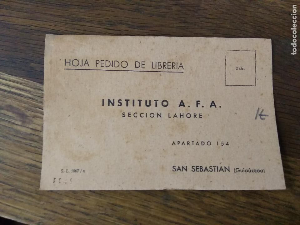 Sammelleidenschaft Andere Papierartikel: Hoja pedido librer&iacute;a Instituto A.F.A. secci&oacute;n Lahore apartado 154. Papel-52
