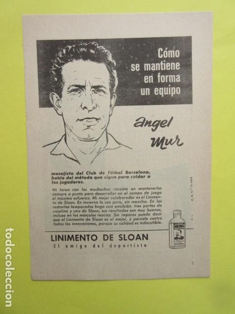 Otros Art&iacute;culos de Coleccionismo en Papel: PUBLICIDAD 1957 - COLECCION MEDICINA - LINIMENTO SLOAN ANGEL MUR MASAJISTA F. C BARCELONA- FARMACIA