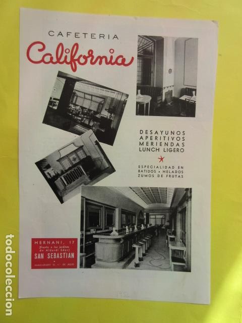 Otros Art&iacute;culos de Coleccionismo en Papel: PUBLICIDAD 1952 - CAFETERIAS CALIFORNIA HERNANI 17 SAN SEBASTIAN - TAMA&Ntilde;O 22 X 32 CM.