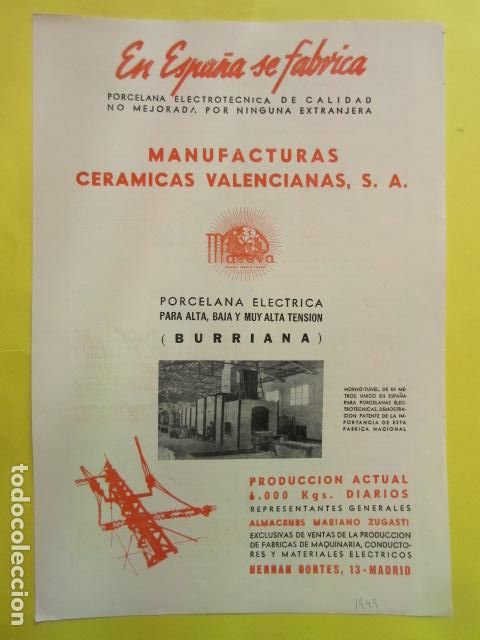 Otros Art&iacute;culos de Coleccionismo en Papel: PUBLICIDAD 1949 - CERAMICAS VALENCIA VALENCIANAS BURRIANA - TAMA&Ntilde;O 22 X 32 CM.