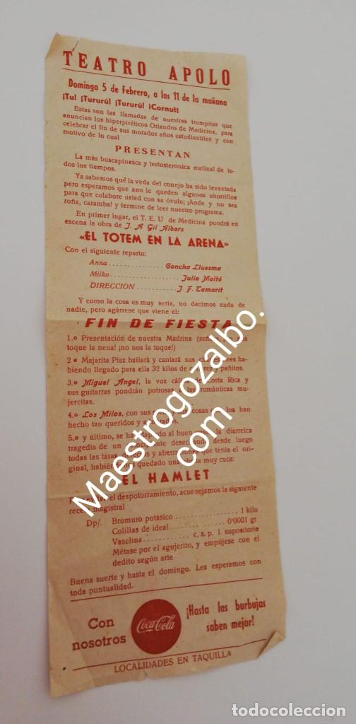 Otros art&iacute;culos de coleccionismo en papel: Publicidad Teatro Apolo Valencia : El t&oacute;tem en la Arena de Tamarit. Fiesta fin curso Medicina 1963