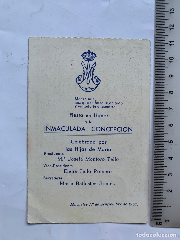 Otros art&iacute;culos de coleccionismo en papel: FIESTA EN HONOR A LA INMACULADA CONCEPCI&Oacute;N. HIJAS DE MAR&Iacute;A. MACASTRE, 1 SEPT. 1957.