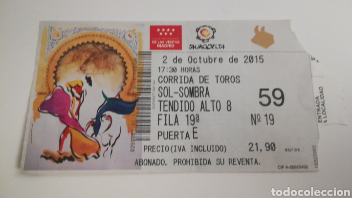 Otros art&iacute;culos de coleccionismo en papel: ENTRADA TICKET TOROS 2 DE OCTUBRE 2015 LAS VENTAS MADRID