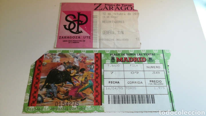 Otros art&iacute;culos de coleccionismo en papel: ENTRADA TOROS Y RECORTADORES LAS VENTAS MADRID 16 ABRIL 1995 Y ZARAGOZA 12 OCTUBRE 1995
