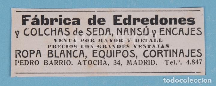 Otros Art&iacute;culos de Coleccionismo en Papel: 1921 - Anuncio publicitario de revista MUNDO GR&Aacute;FICO - F&Aacute;BRICA DE EDREDONES - MADRID