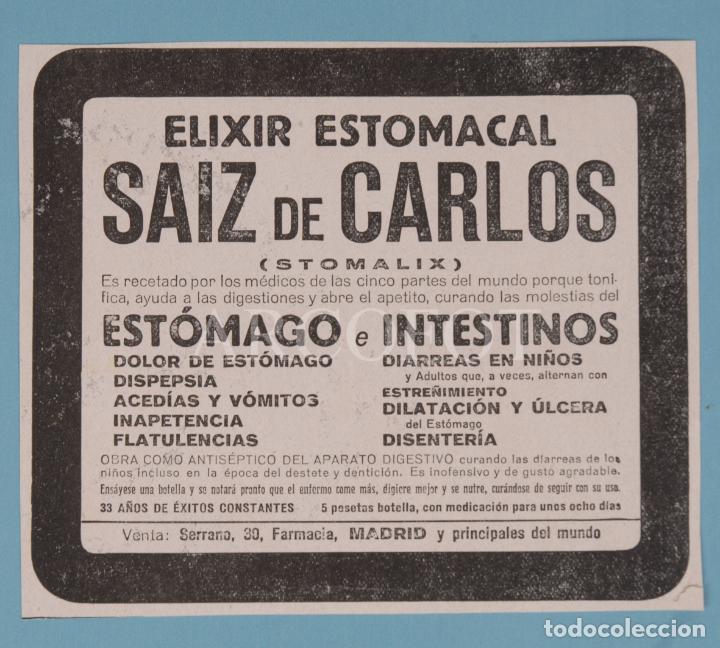 Otros Art&iacute;culos de Coleccionismo en Papel: 1925 - Anuncio publicitario de revista MUNDO GR&Aacute;FICO - ELIXIR ESTOMACAL - SAIZ DE CARLOS - VER FOTOS
