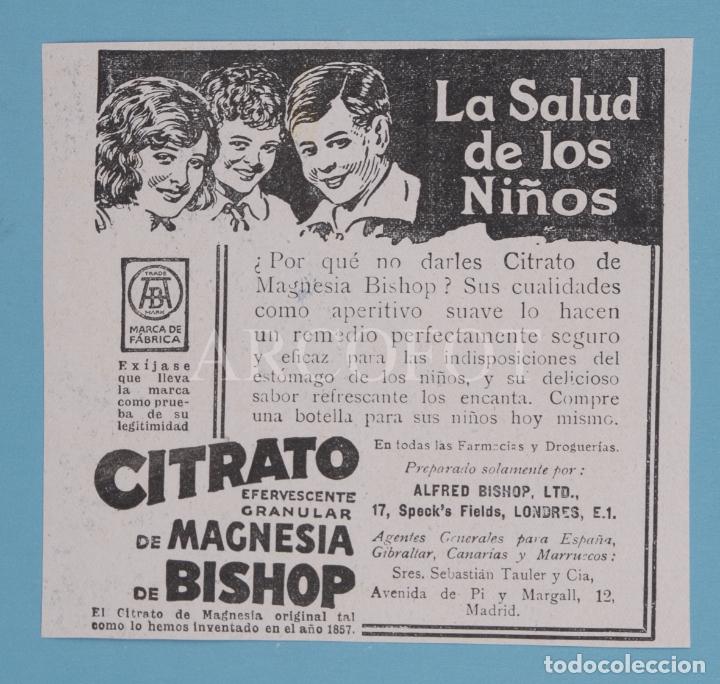 Otros Art&iacute;culos de Coleccionismo en Papel: 1925 - Anuncio publicitario de revista MUNDO GR&Aacute;FICO - CITRATO DE MAGNESIA DE BISHOP - VER FOTOS