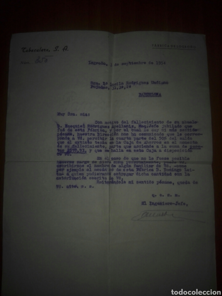 Outros artigos de papel: Carta del ingeniero jefe de la tabacalera s.a. de Logro&ntilde;o 1954