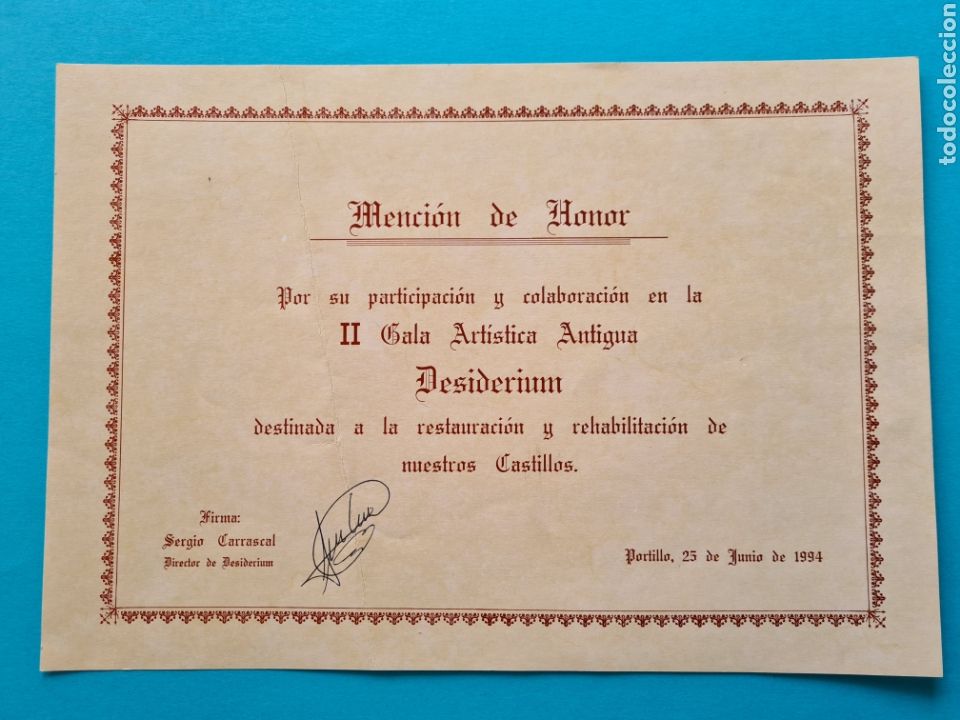 Otros art&iacute;culos de coleccionismo en papel: VALLADOLID DIPLOMA MENCION HONOR GALA ANTIGUA DESIDERIUM RESTAURACION CASTILLOS PORTILLO JUNIO 1994