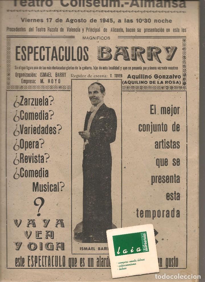 Otros art&iacute;culos de coleccionismo en papel: programa TEATRO COLISEUM ALMANSA, 1945 ,ESPECTACULOS BARRY , folio 2 hojas ... ni