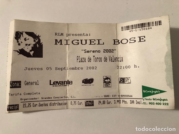 Otros Art&iacute;culos de Coleccionismo en Papel: Entrada concierto Miguel Bos&eacute; Sereno 2002 Plaza de toros de Valencia