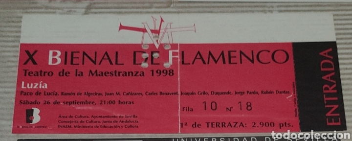 Otros art&iacute;culos de coleccionismo en papel: Entrada concierto Paco de Luc&iacute;a. Bienal Flamenco 1998. Sevilla.