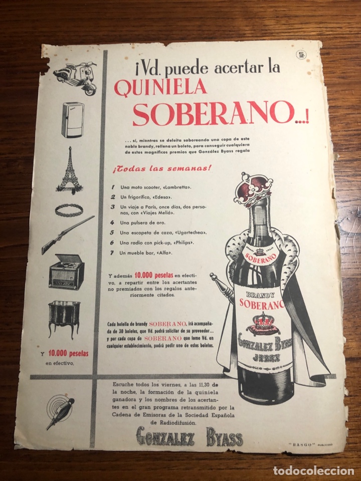 Otros Art&iacute;culos de Coleccionismo en Papel: HOJA PUBLICIDAD JEREZ SOBERANO GONZALO BYASS QUINIELA
