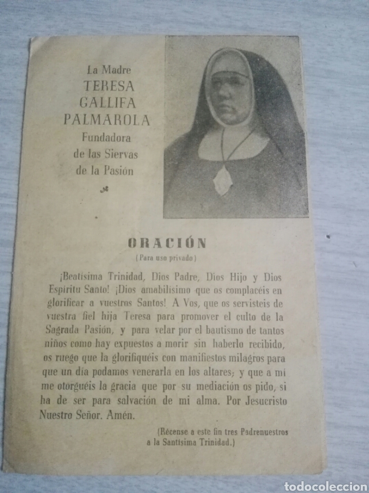 Otros art&iacute;culos de coleccionismo en papel: D&iacute;ptico oraci&oacute;n la madre Teresa fallida palmarola fundadora siervas de la pasion