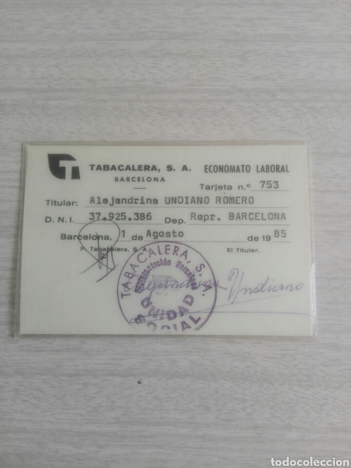 Otros art&iacute;culos de coleccionismo en papel: Tarjeta carnet de tabacalera s.a. economato laboral Barcelona 1985