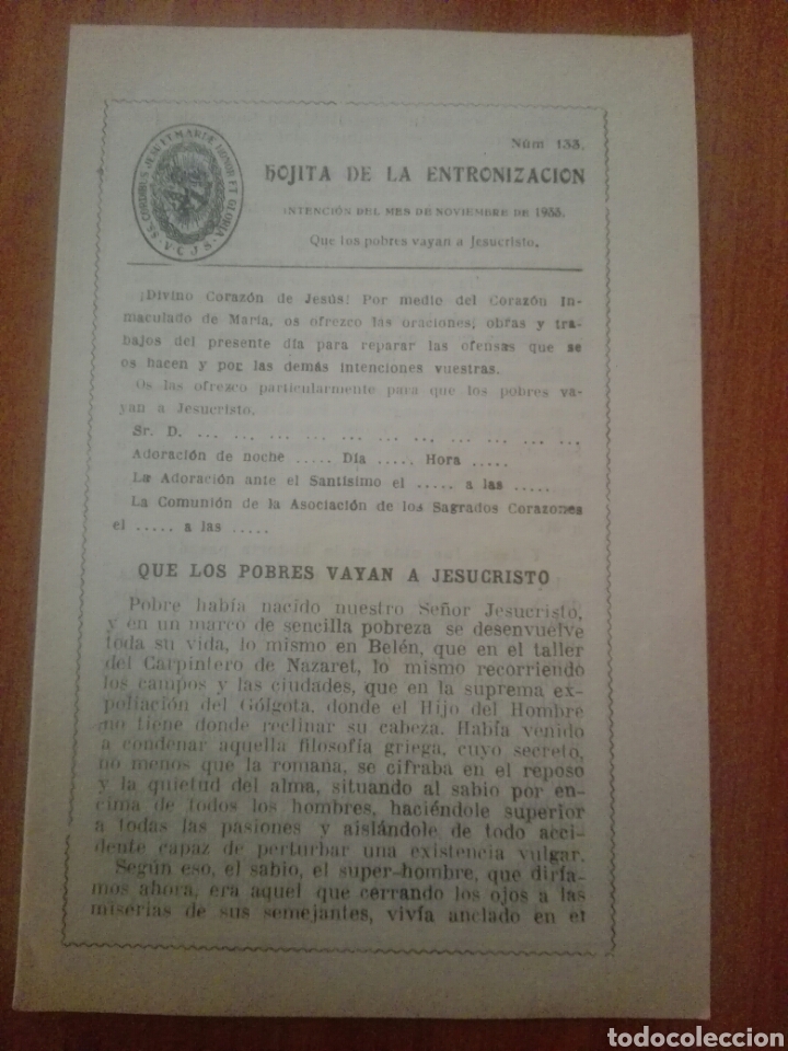 Otros art&iacute;culos de coleccionismo en papel: Hola de la entronizaci&oacute;n 1933 SS.cordibus Jesu et mariae hono et gloria